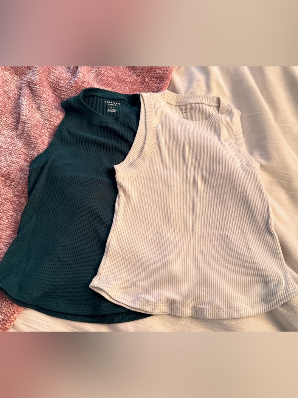 American Eagle Outfitters Ribbed Tank Tops - White & Dark Green